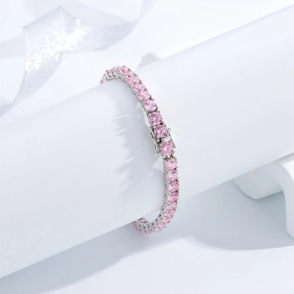 Wong Rain Solid 925 Sterling Silver 5MM Lab Pink Sapphire High Carbon Diamonds Gemstone Tennis Chain Bracelets Fine Jewelry
