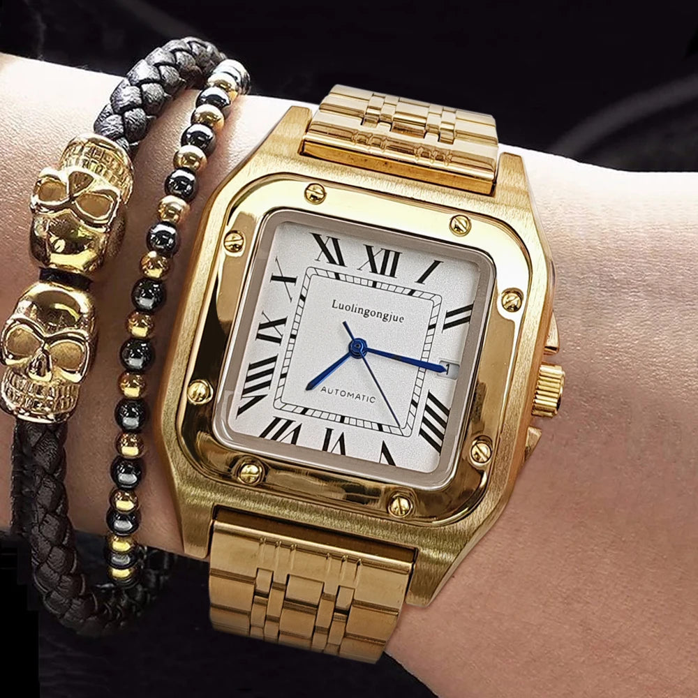 New Genuine High-Quality Square Men's Mechanical Watch, Automatic Winding, Skeleton Design, Stainless Steel Strap, with Calendar Display, European and American Style Tank Series, Fashionable Business Casual Stylish Handsome S