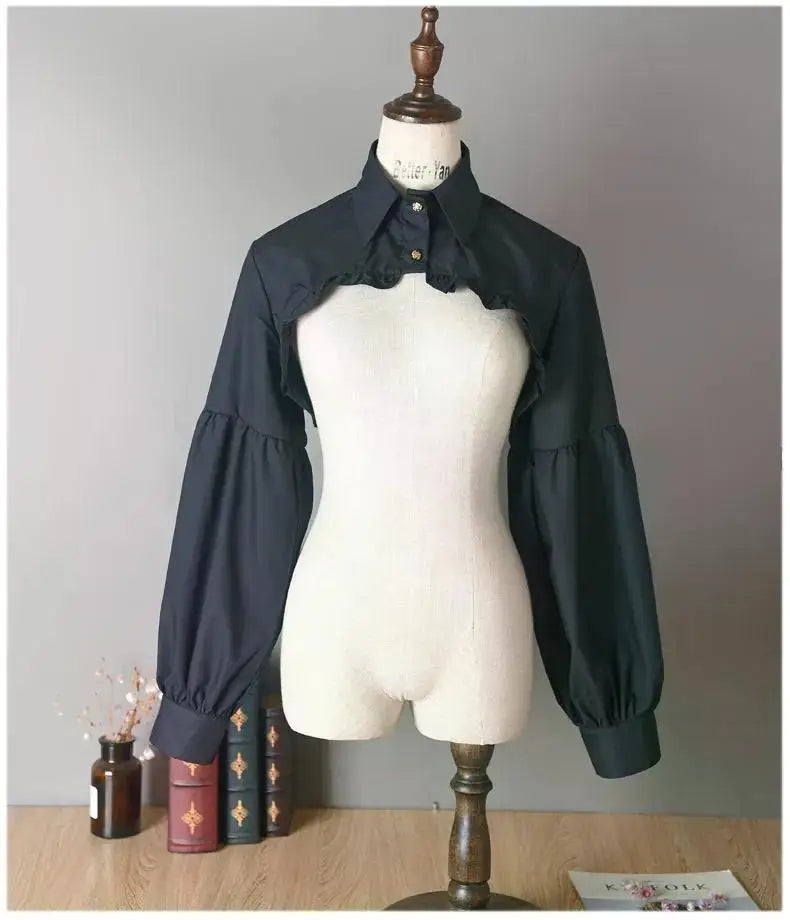 Women Puff Long Sleeve T Shirts Short Top Blouse Ruffled Button Detachable Spread Collar Sweater Decorative Accessories T Shirt