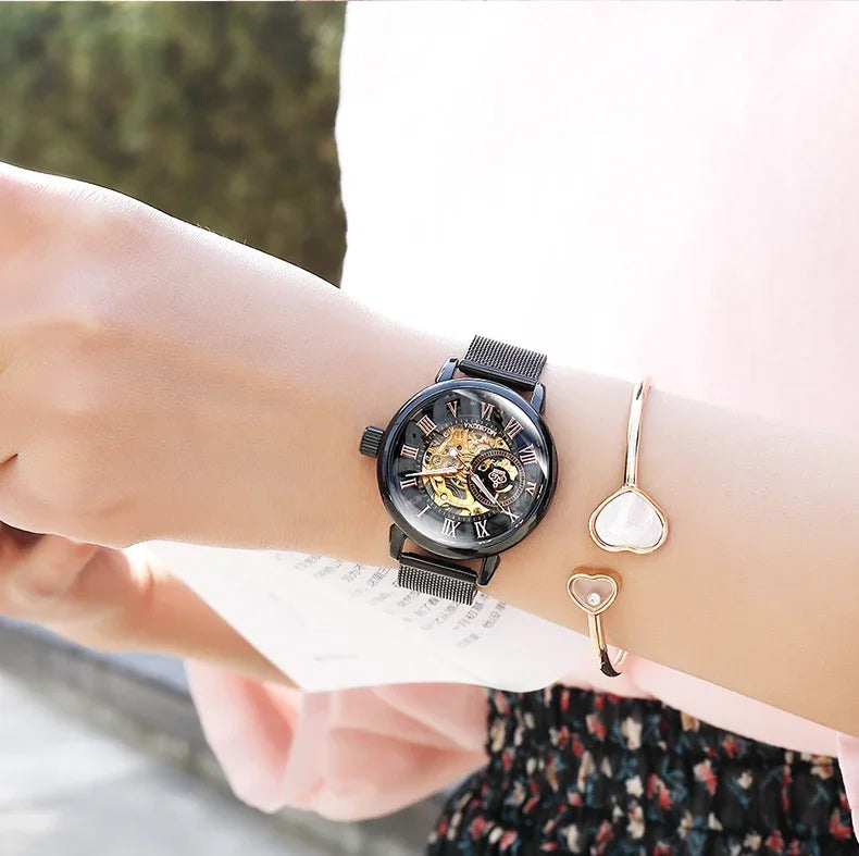 ORKINA Luxury Brand Skeleton Design Waterproof Automatic Mechanical Stainless Steel Mesh Strap Rose Gold Wrist Watch for Women