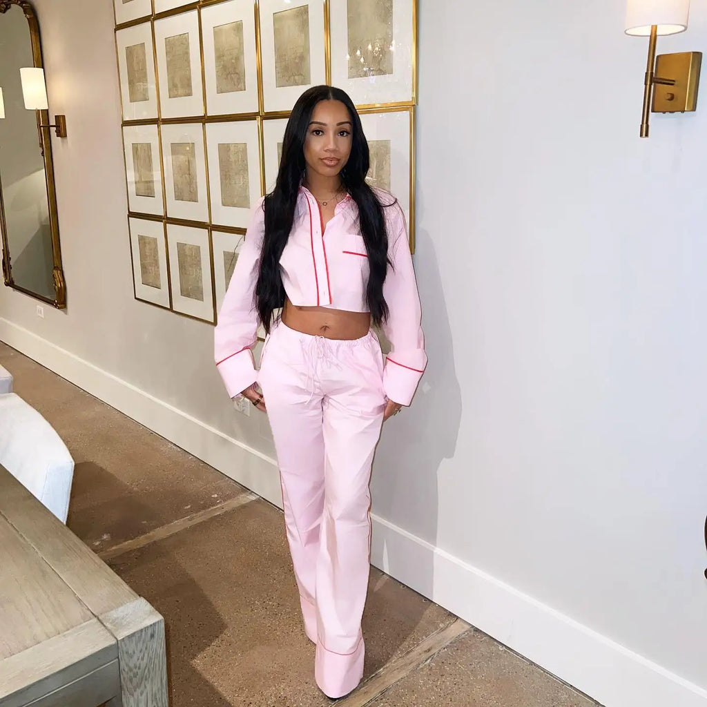 2024 Spring Woman Sets Lapel Long Sleeves Single Breasted Shirt Top +Mid Elastic Waist Lace-Up Female Wide Leg Long Pant