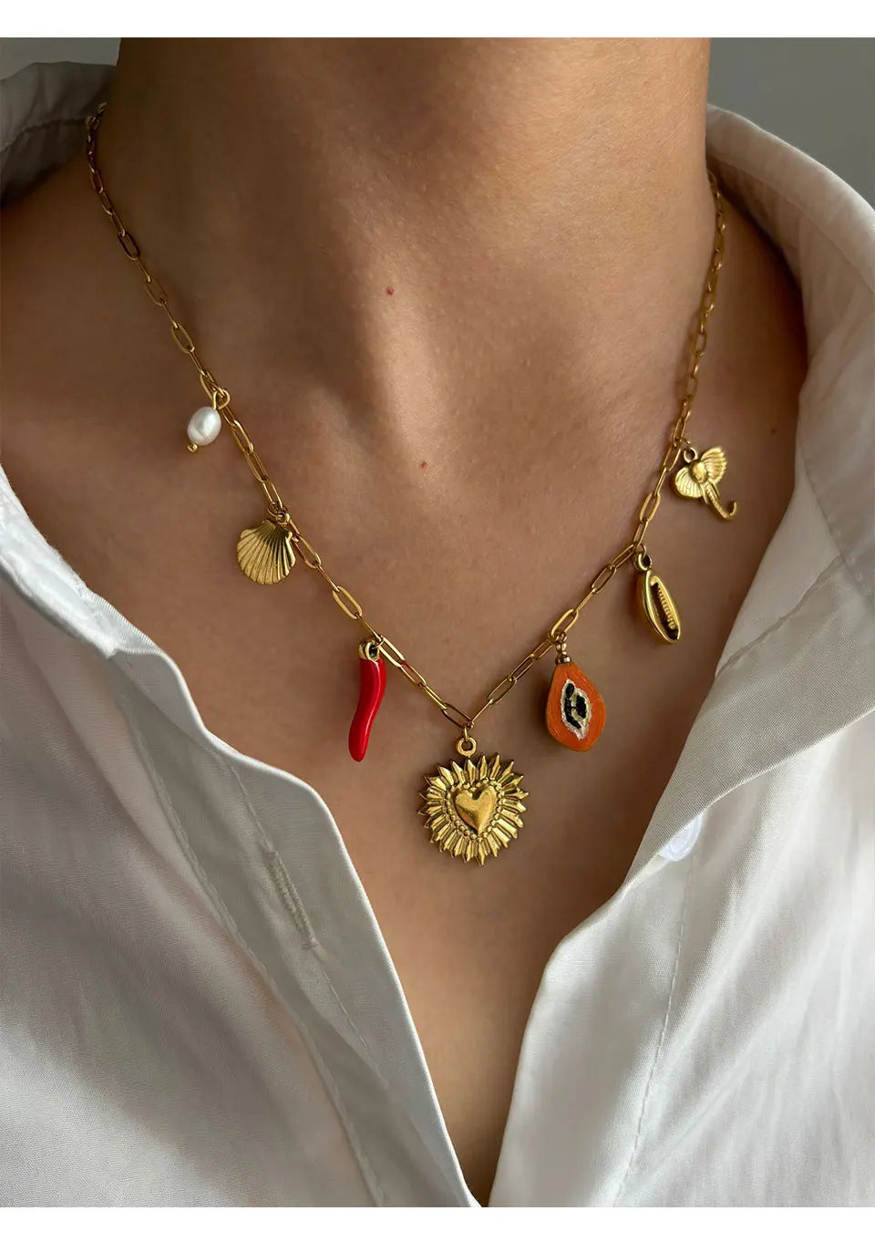 Peri'sbox Boho 18K Gold Plated Freshwater Pearl Red Enamel Pepper Shell Heart Pendant Necklace Women Beach Party Gift Waterproof