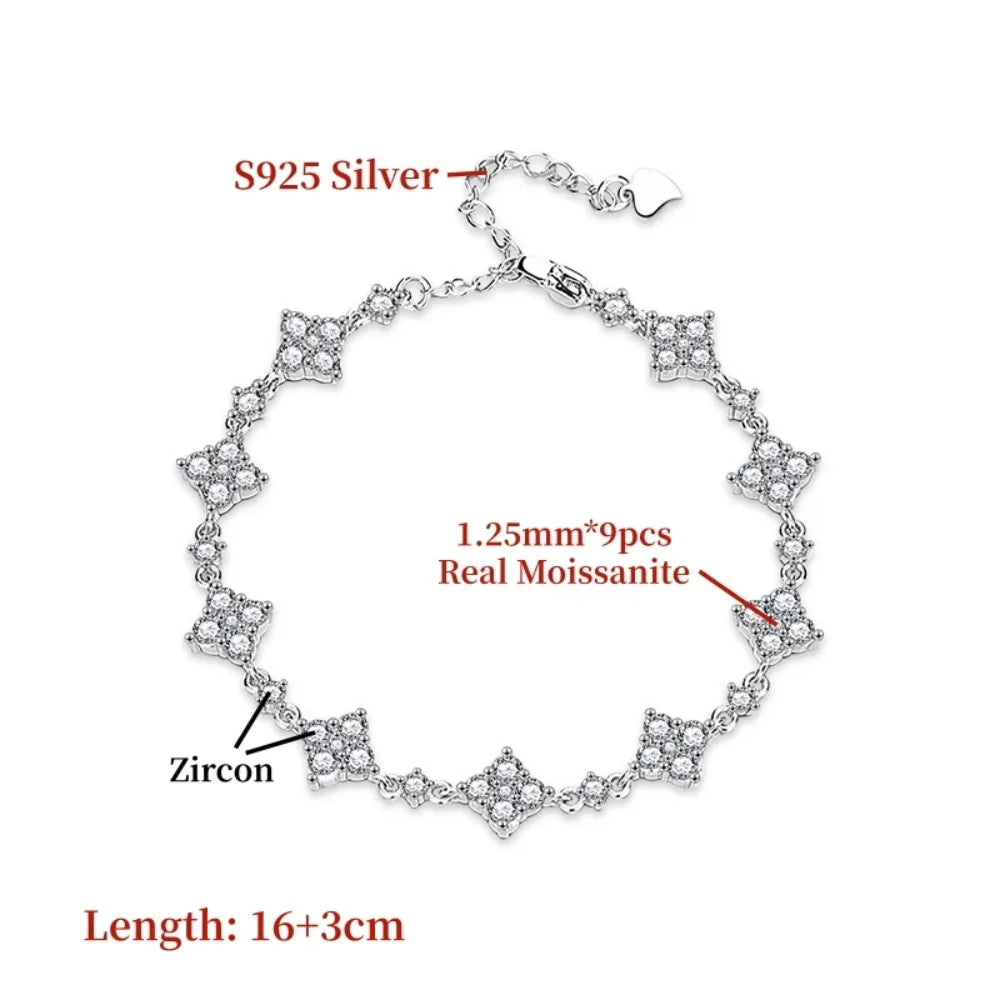 NKHOG Real Moissanite Adjustable Bracelets For Women 925 Sterling Silver Lab Diamond Four Leaf Clover Chains Gifts Fine Jewelry