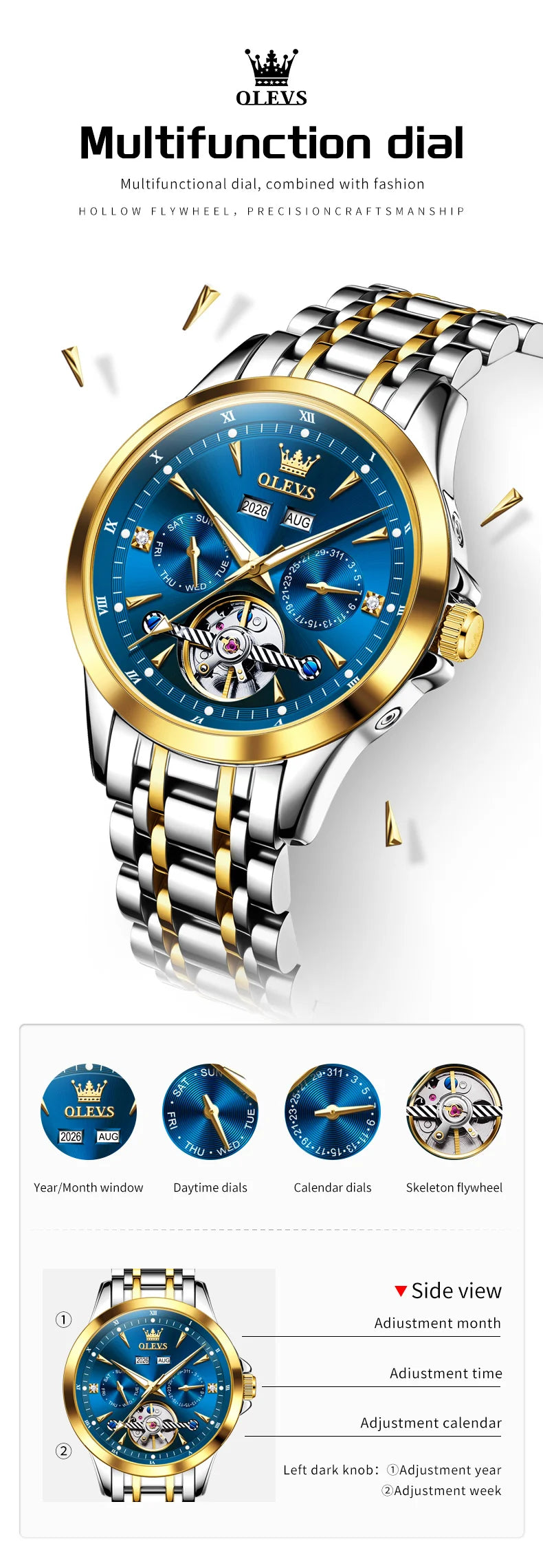 OLEVS Automatic Man Watch Skeleton Flywheel Luxury Original Mechanical Wristwatch Waterproof Stainless Steel  Men's Watches 7091
