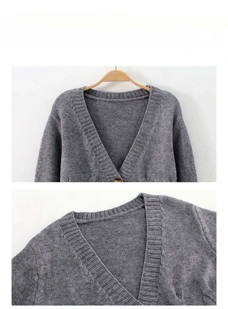 2025 V Neck Cropped Cardigan Women Long Sleeve Twist Knitted Sweater Coats Autumn Winter Keep Warm Korean Fashion Cardigan