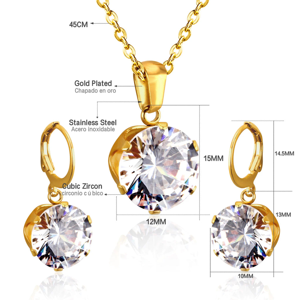 Delicate Jewelry Sets Charm White Blue Pink Color Bling Crystal Pendant Necklace Earring Brinco Wedding Dainty Daily Wear Bijoux