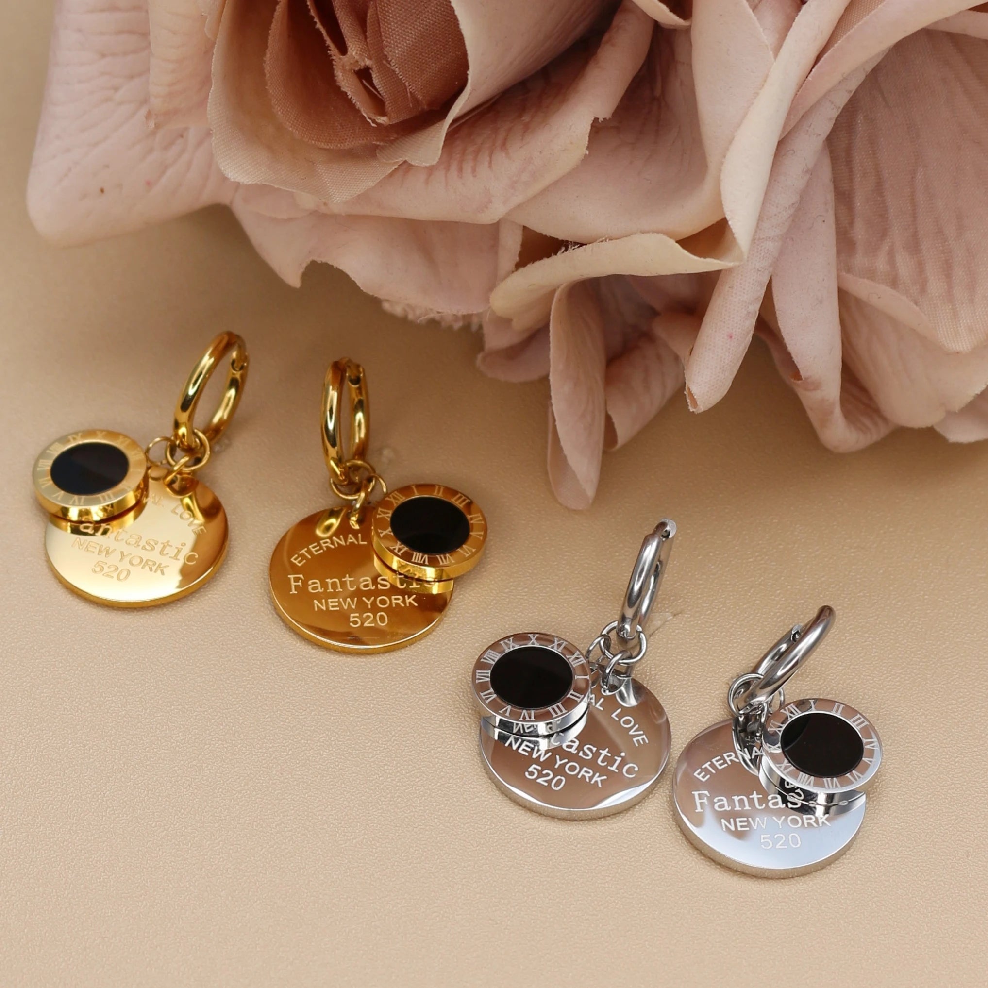 XE-193 New Roman Numeral Medallion Design FOREVER LOVE Stainless Steel Ladies' Jewellery Earrings Gift Wholesale