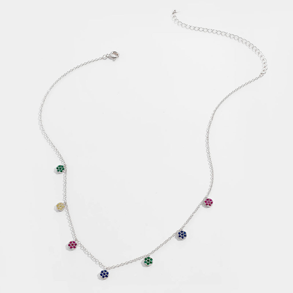 ANDYWEN 925 Sterling Silver Gold Colorful Zircon Crystal Round Flower Charms Pendant Choker Necklace Long Chain Women Fine Jewer