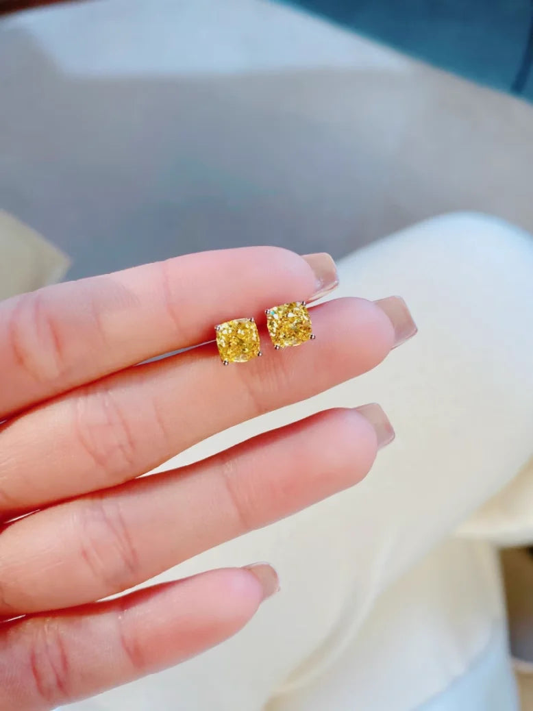 OEVAS 100% 925 Sterling Silver 1CT Four-claw Fat Square High Carbon Stone Citrine Gemstone Earrings Stud Fine Jewelry Wholesale