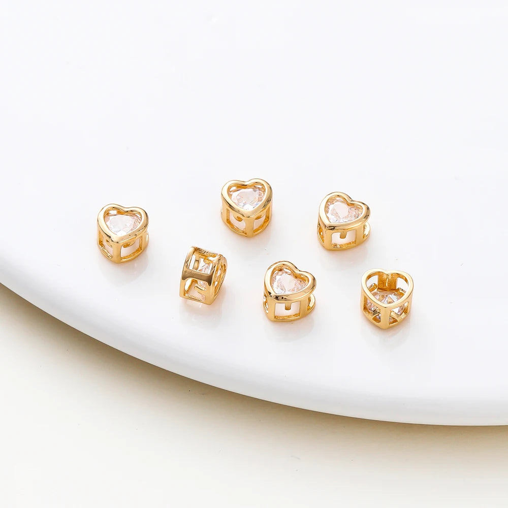 2/4/6pcs 18K Gold Plated Rhinestone Heart Pentagram Beads Brass Metal Cubic Zirconia Spacer Beads DIY Jewelry Making Accessories