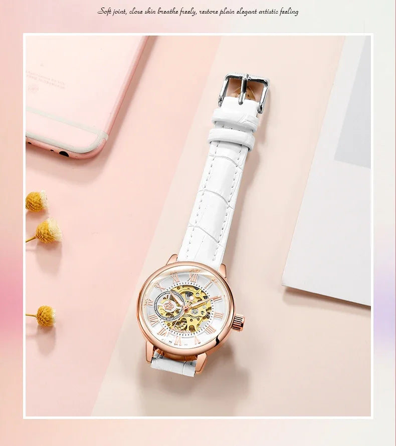 ORKINA Luxury Brand Skeleton Design Waterproof Automatic Mechanical Stainless Steel Mesh Strap Rose Gold Wrist Watch for Women