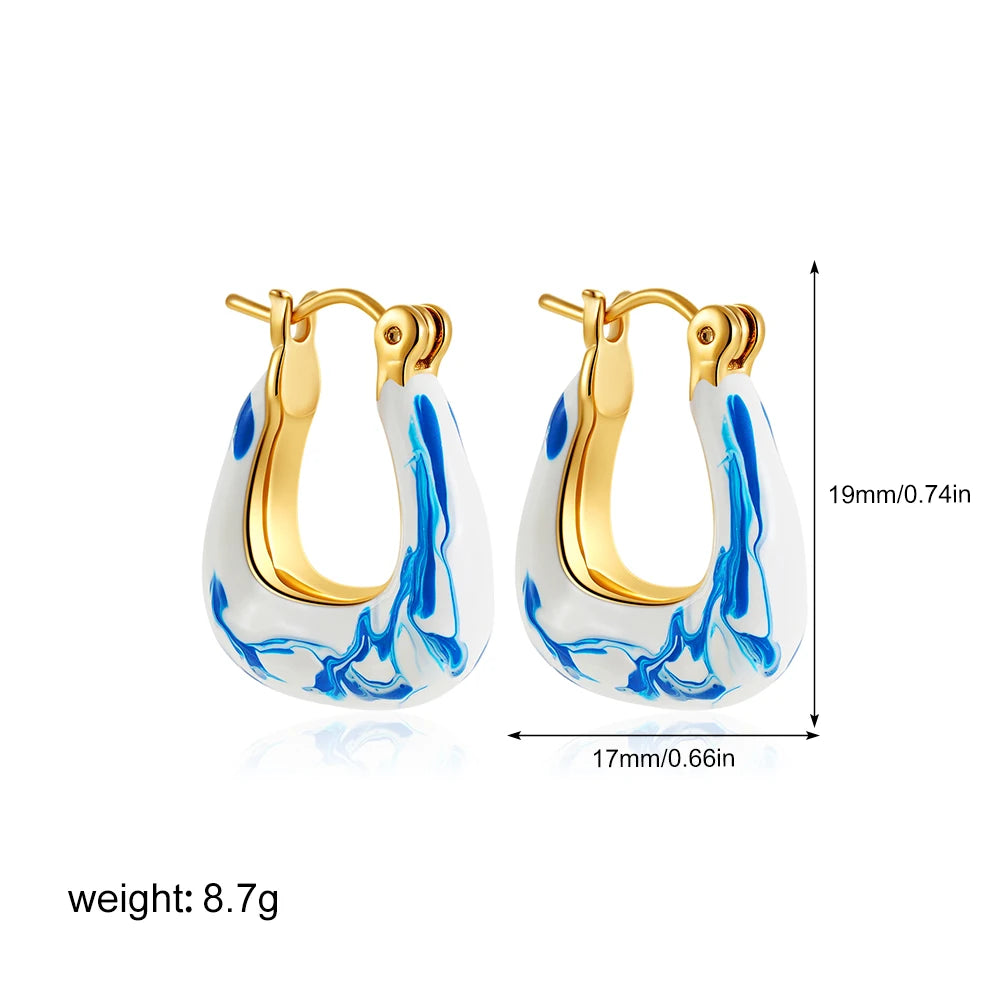 New Trendy White and Blue Enamel Flower Pattern Hoop Earrings for Women Charm Gold Plated U Shape Huggie Hoops Statement Jewelry