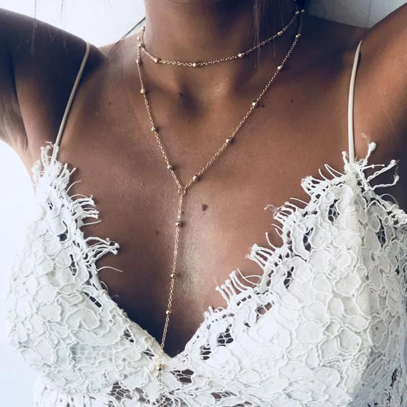 New Gold Color Lariat Layering Necklace for Women Double Laryered Long Chain Drop Pendant Choker Necklaces Fashion Jewelry Gifts
