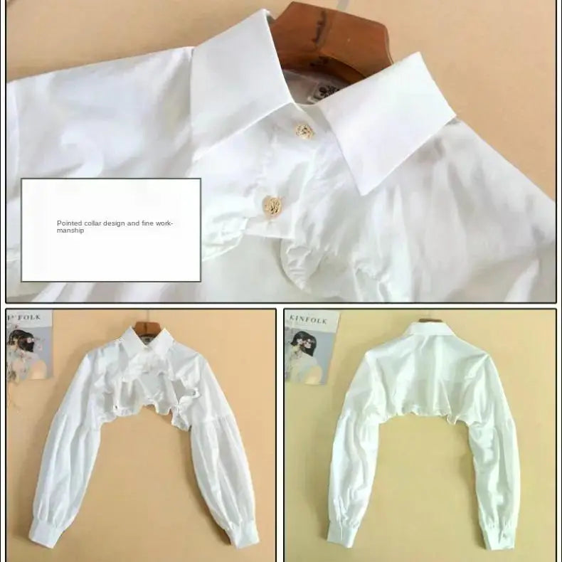 Women Puff Long Sleeve T Shirts Short Top Blouse Ruffled Button Detachable Spread Collar Sweater Decorative Accessories T Shirt
