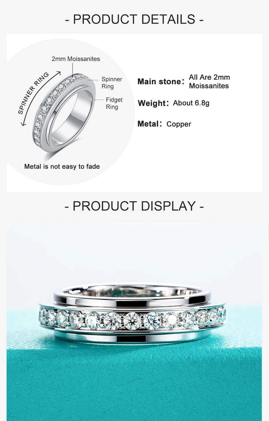 AnuJewel Moissanite Spinner Eternity Band Rings 14k Gold Plated Fidget Spinners Wedding Band Ring Unzip Jewelry Gifts Wholesale
