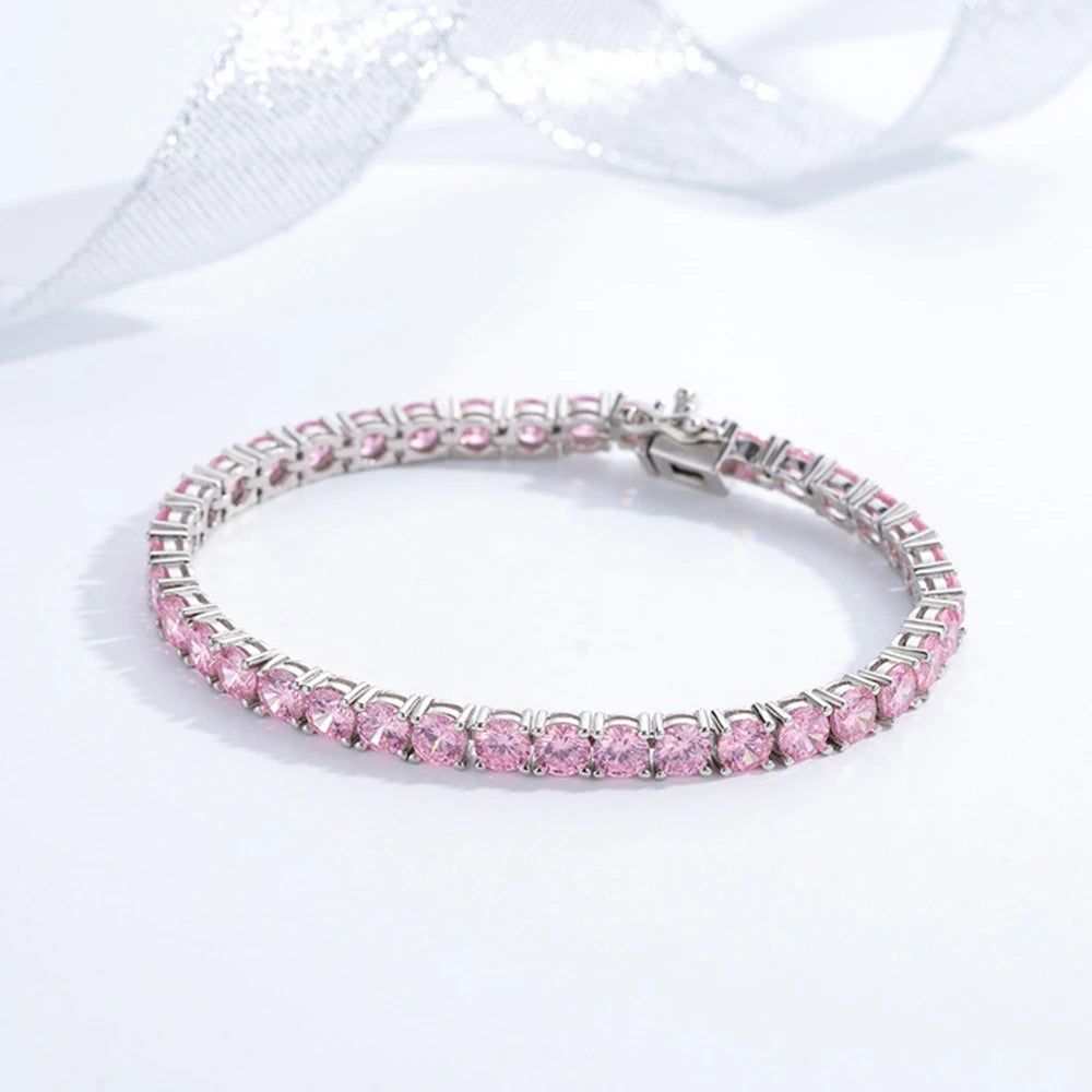 Wong Rain Solid 925 Sterling Silver 5MM Lab Pink Sapphire High Carbon Diamonds Gemstone Tennis Chain Bracelets Fine Jewelry