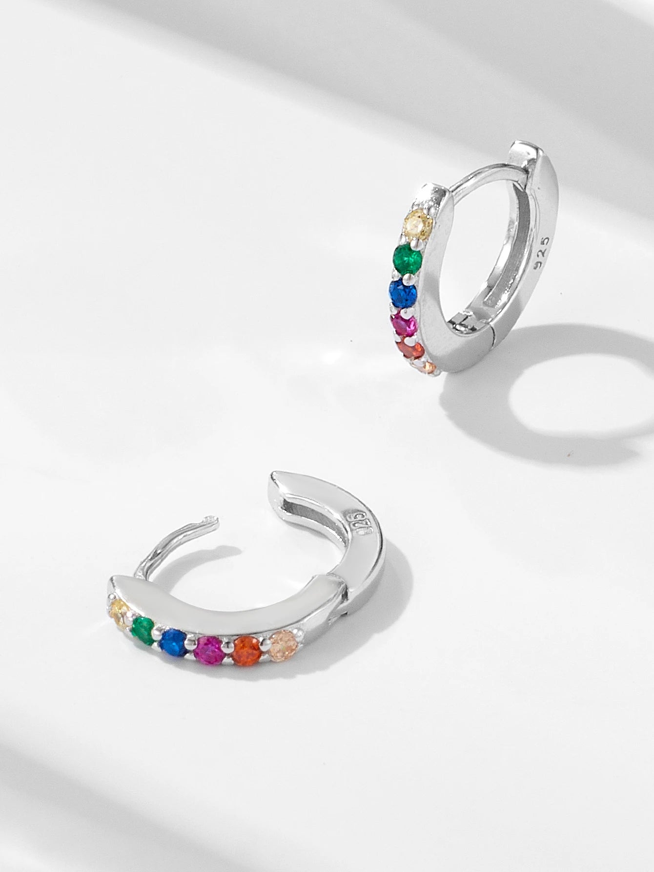 925 Sterling Silver Tiny Rainbow Huggie Earrings 14K Gold Plated Color Crystal Small Earrings Fashion Jewelry