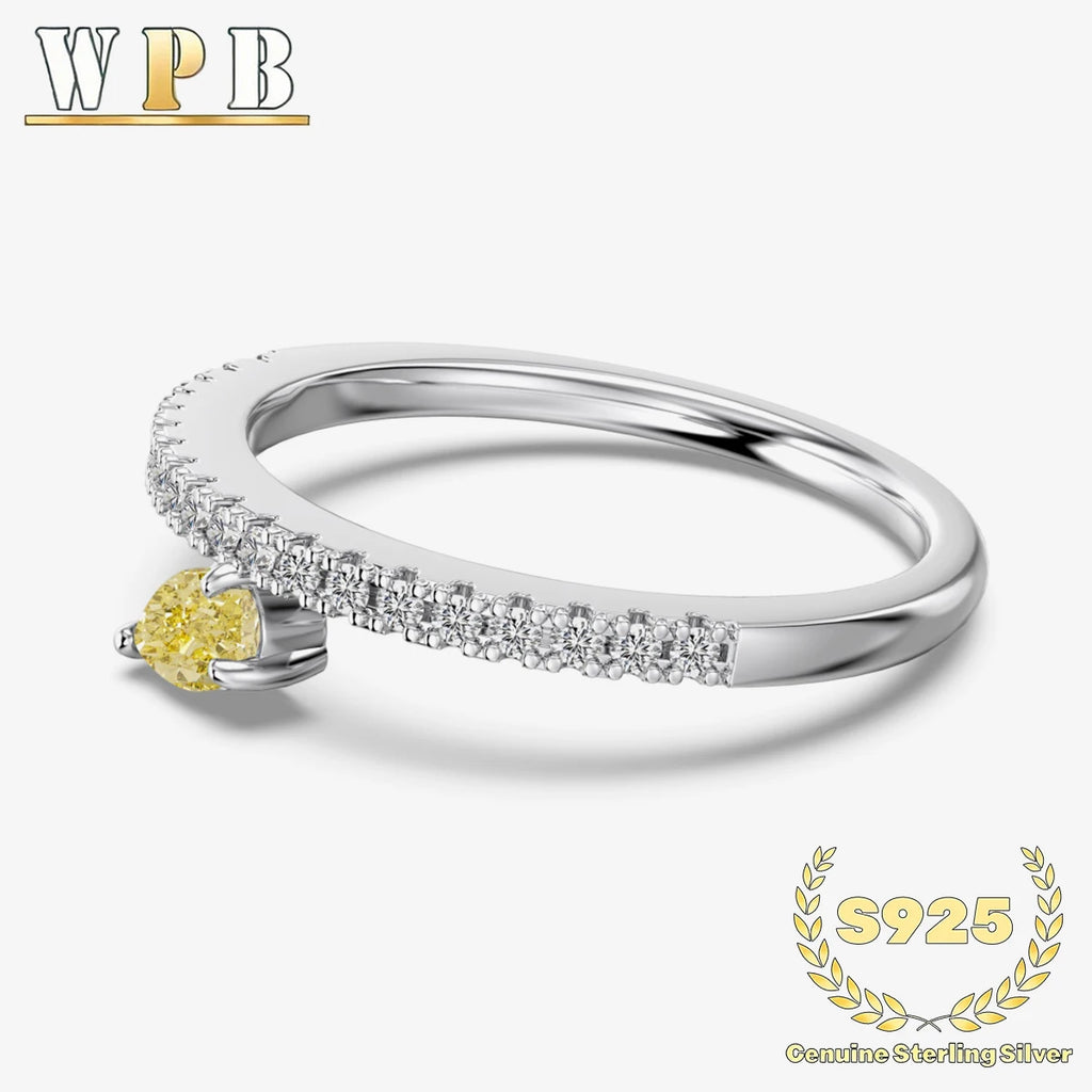 Genuine S925 Sterling Silver Ring with 8A Yellow Pear Radiant Cut Zircon&Sparkling Stone Band Elegant Contrast Jewelry for Women