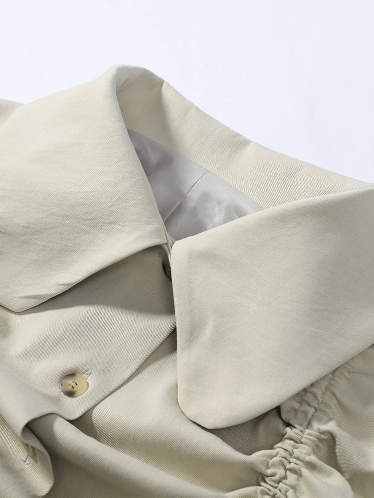 Women Coat Lapel Collar Ruched Jacket Beige Drawstring Top Button Front Lightweight Crop Outerwear Spring Outfit Woman Clothes