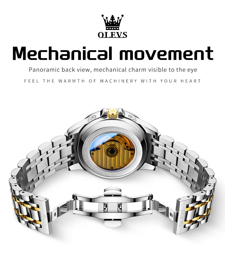 OLEVS Automatic Man Watch Skeleton Flywheel Luxury Original Mechanical Wristwatch Waterproof Stainless Steel  Men's Watches 7091