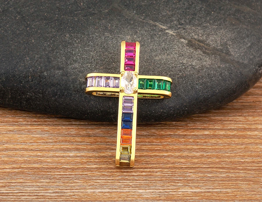 AIBEF Fashion Cross Shape Pendant Colorful Rhinestone Women Necklace Copper Zircon Stereoscopic Jewelry Christianity Unisex Gift