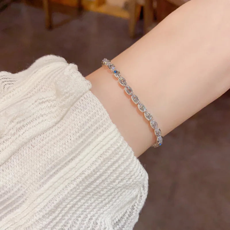 Dainty Oval Zircon Link Chain Bracelet Women Real Gold Plating Sparkling Minimalist Fashion Jewelry Wedding Party Accessory 1750