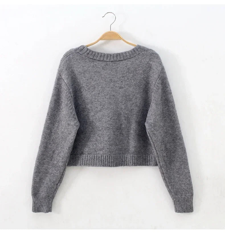 2025 V Neck Cropped Cardigan Women Long Sleeve Twist Knitted Sweater Coats Autumn Winter Keep Warm Korean Fashion Cardigan