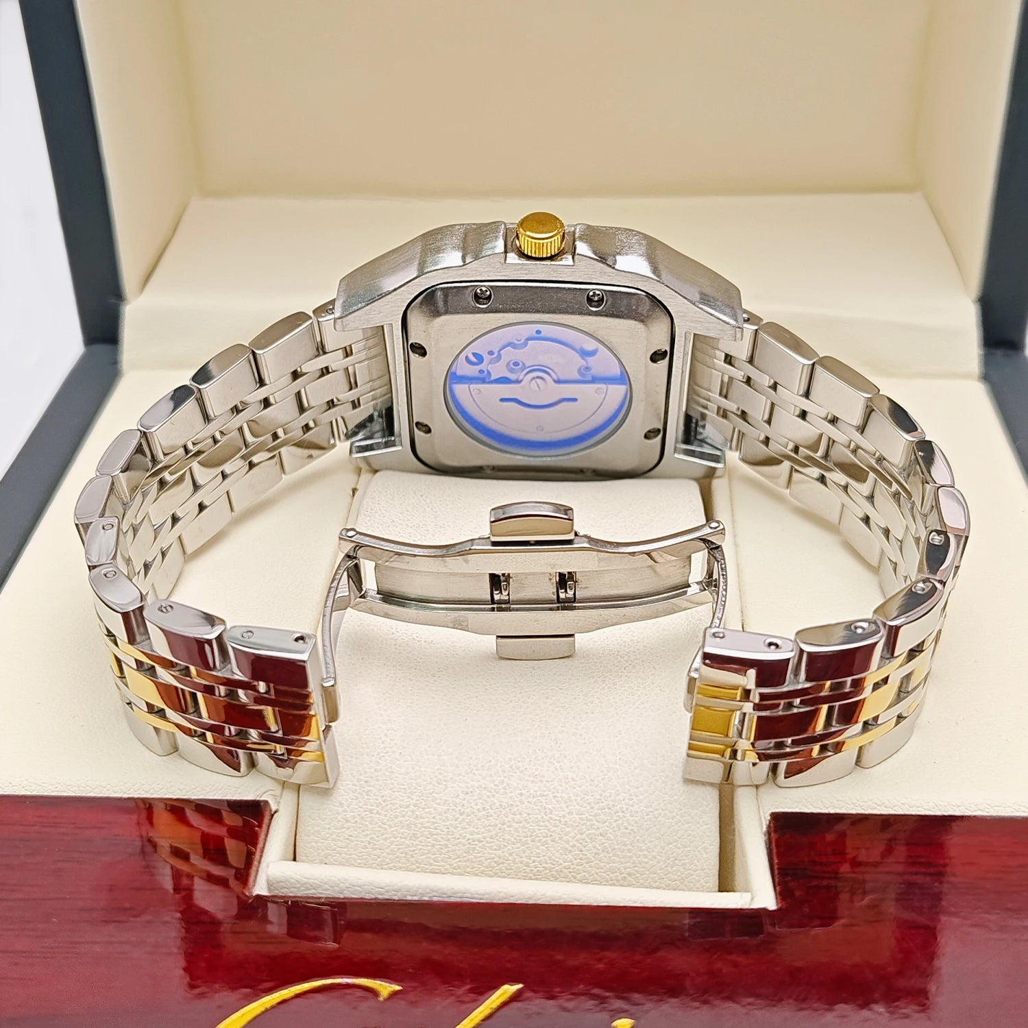 New Genuine High-Quality Square Men's Mechanical Watch, Automatic Winding, Skeleton Design, Stainless Steel Strap, with Calendar Display, European and American Style Tank Series, Fashionable Business Casual Stylish Handsome S