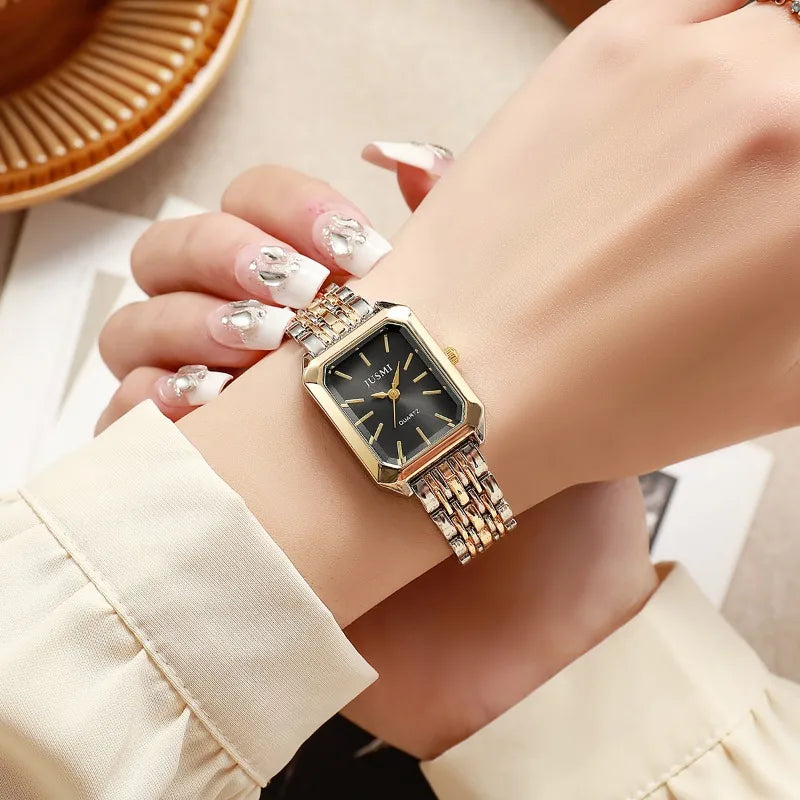 Square women's dual color alloy watch strap with steel strap and quartz watch