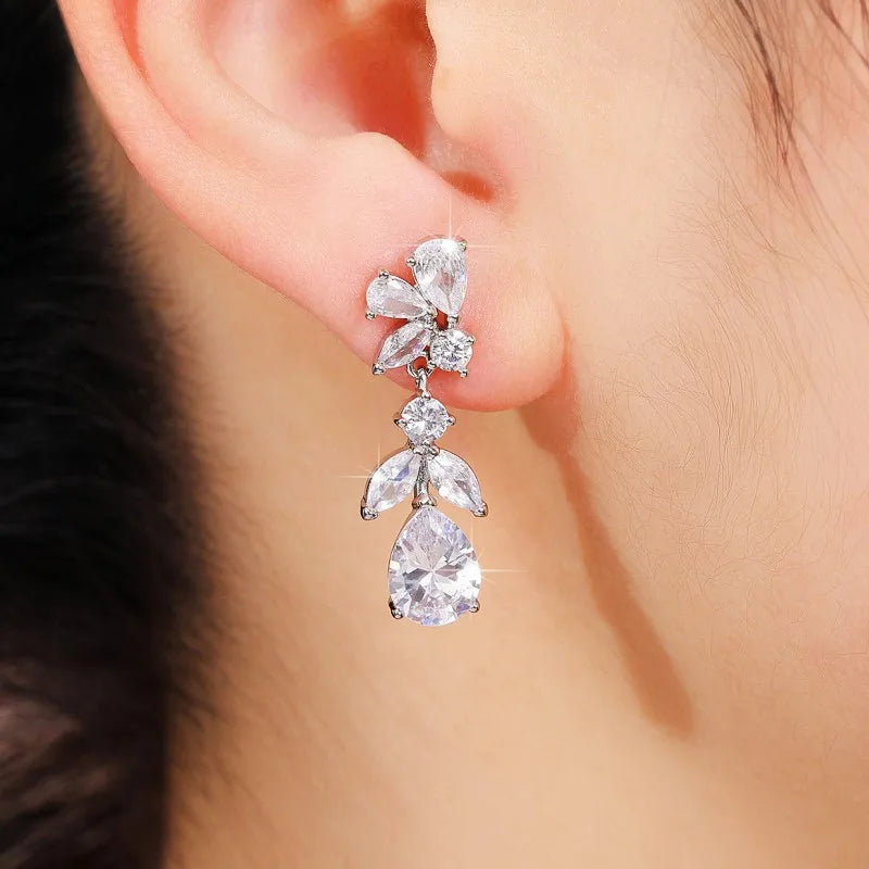 925 Sterling Silver Aesthetic Bride Wedding Earrings Cubic Zirconia Flower Design Earrings for Women Luxury Trendy Jewelry