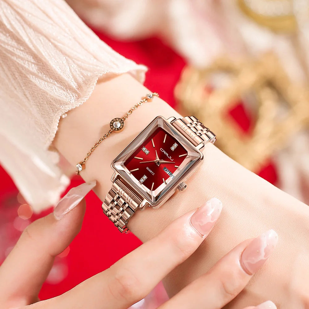 CRRJU Waterproof Women's Square Quartz Dress Watch Ladies Steel Bracelet Wristwatch with Date Relogio Feminin