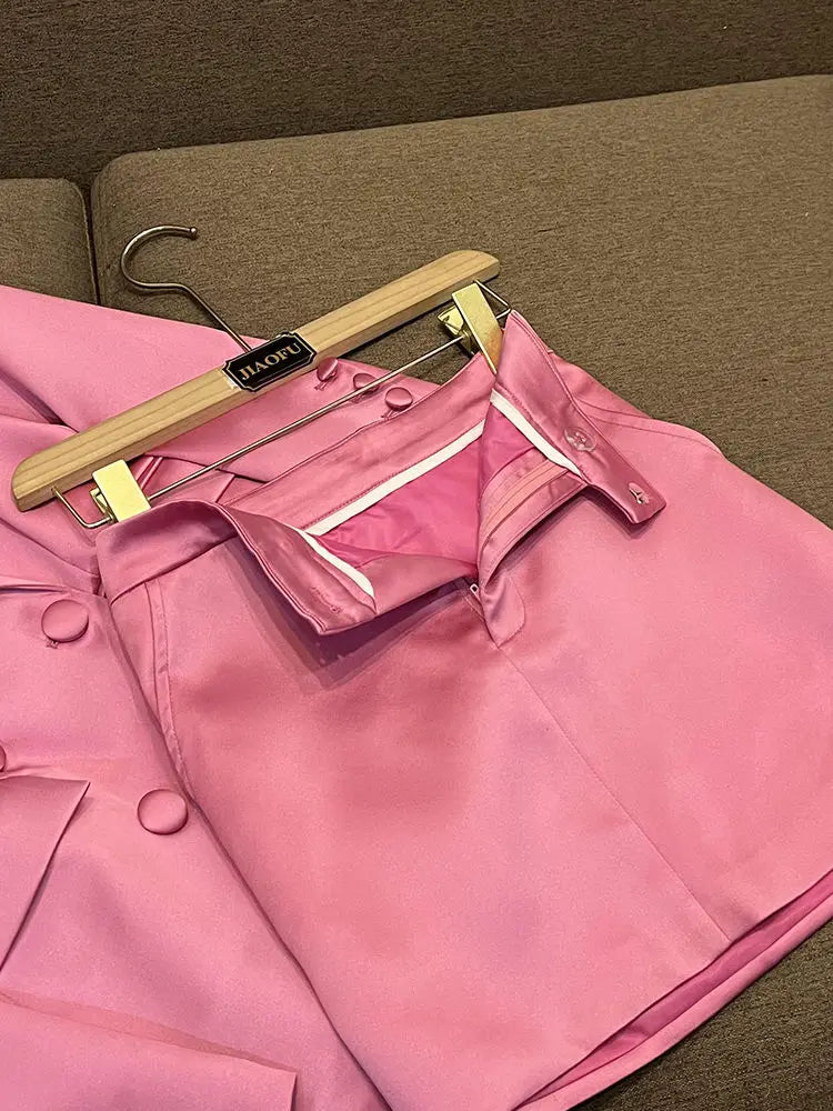 Pink Satin Slim Fit Blazer Hip-covering Skirt Fashionable Commuting Two-piece Set