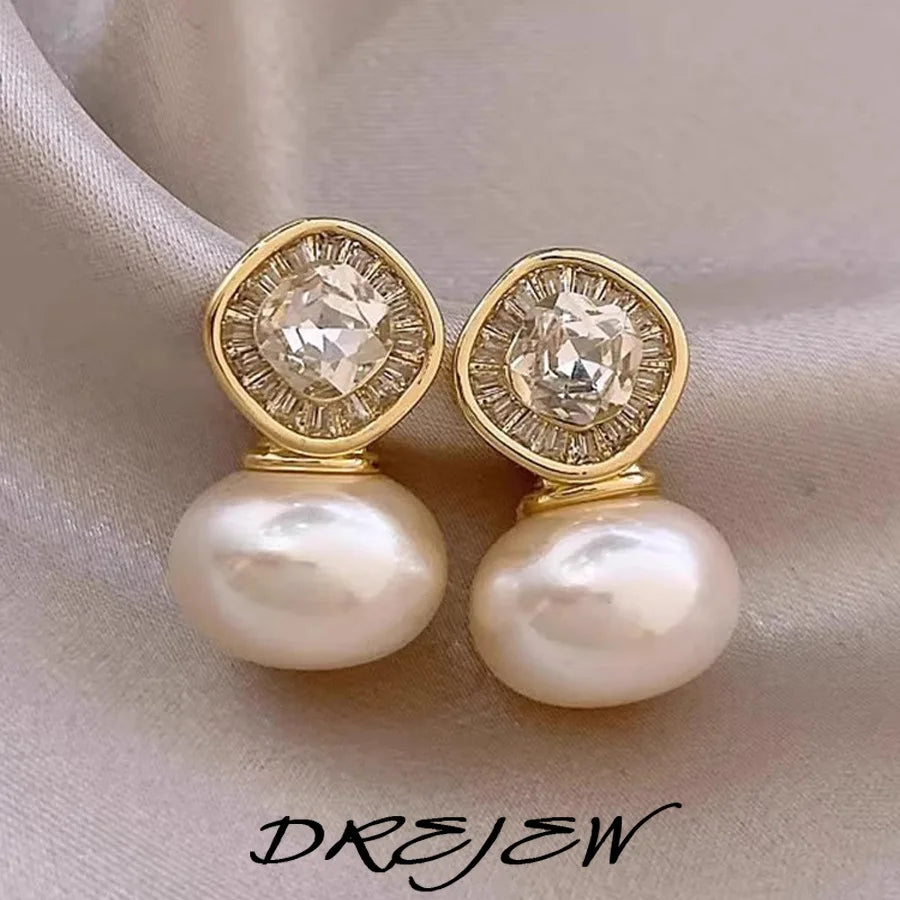 DREJEW Retro Diamond Zircon Pearl Earrings for Women Fashion Simple Temperament 2025 Korean Luxury Designer Jewelry Gifts