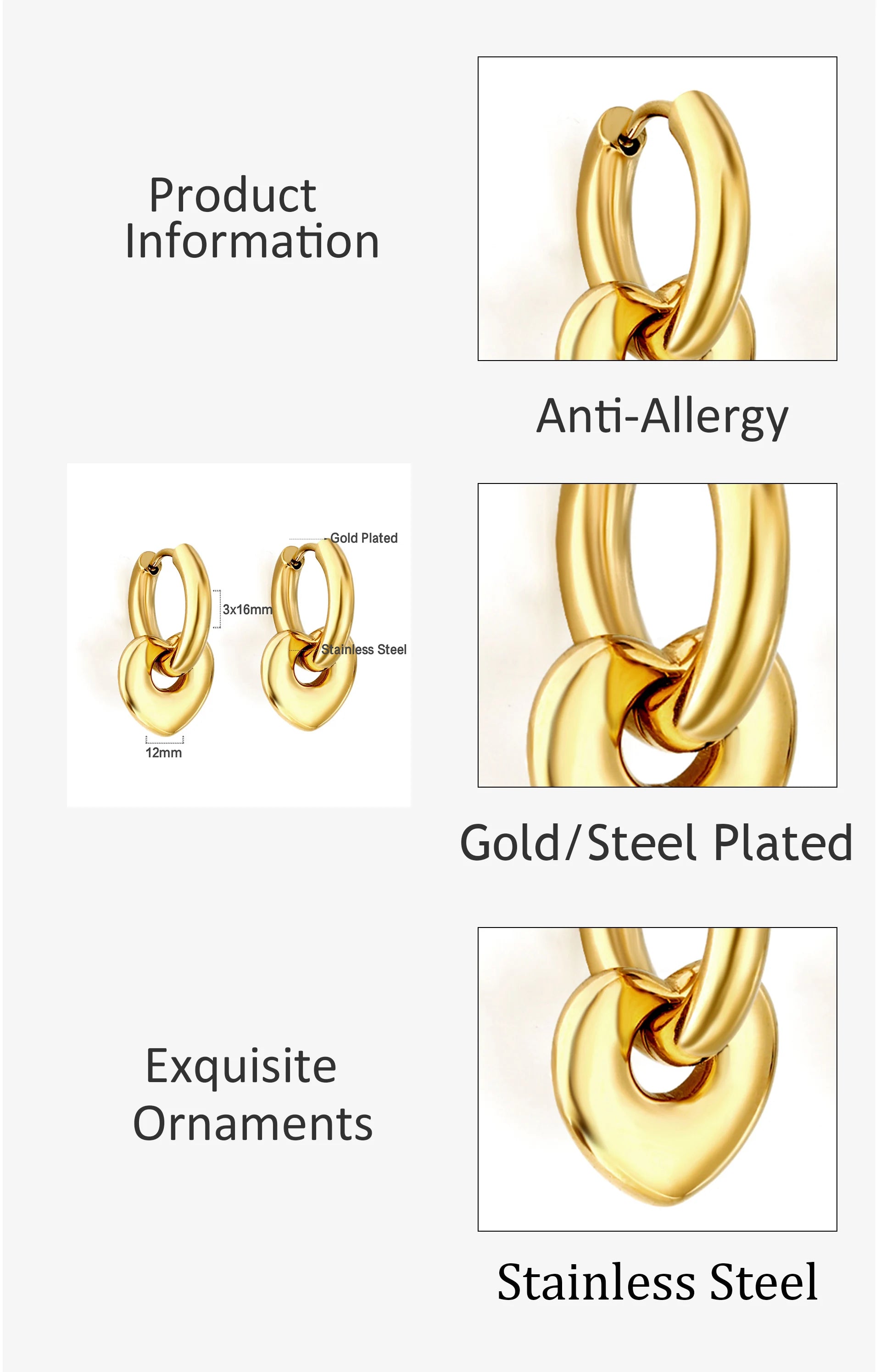 LUXUSTEEL Heart Pendant Huggie Earrings For Women Golden Plated Stainless Steel Hoops With Charm Drop Earrings Korea Jewelry
