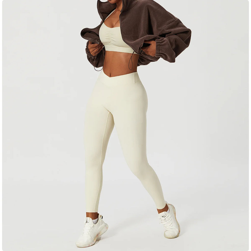 Women's Polar Fleece Zip Hoodie Athletic Loose Fit Crop Top w/ Stand Collar, Thumb Holes & Drawstring Hem for Fall Winter