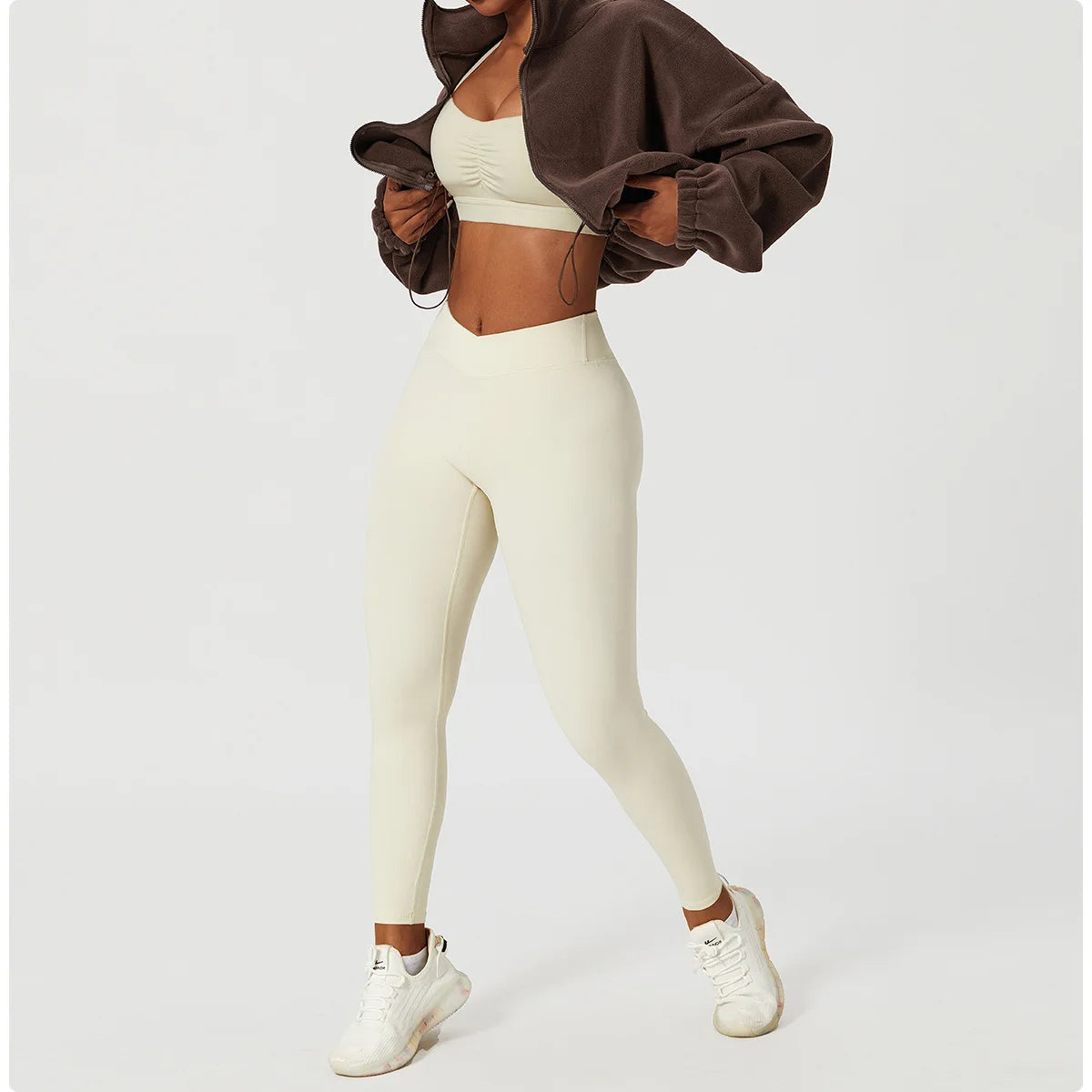 Women's Polar Fleece Zip Hoodie Athletic Loose Fit Crop Top w/ Stand Collar, Thumb Holes & Drawstring Hem for Fall Winter