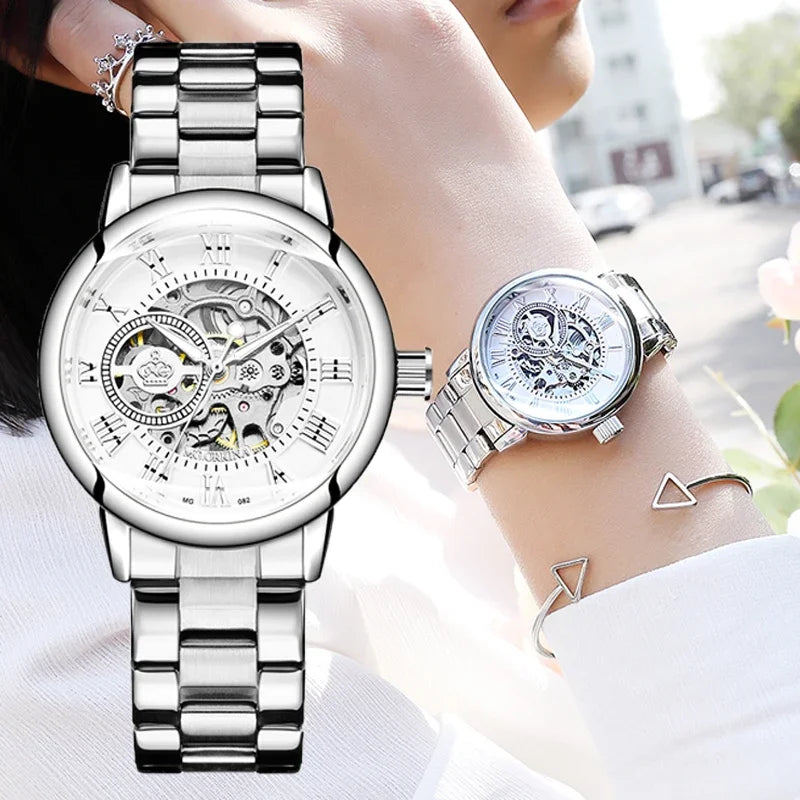 ORKINA Luxury Brand Skeleton Design Waterproof Automatic Mechanical Stainless Steel Mesh Strap Rose Gold Wrist Watch for Women