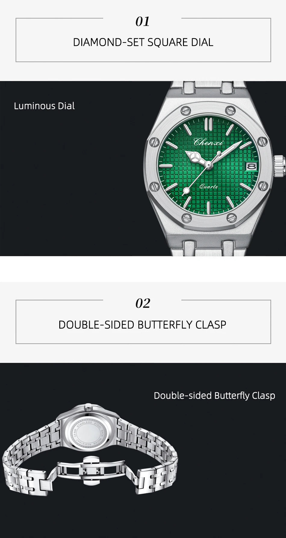 CHENXI Solid Steel Strip Women's Watches Ladies Casual Fashion Small Grid Dial Quartz Wristwatch for Girl Waterproof Luminous