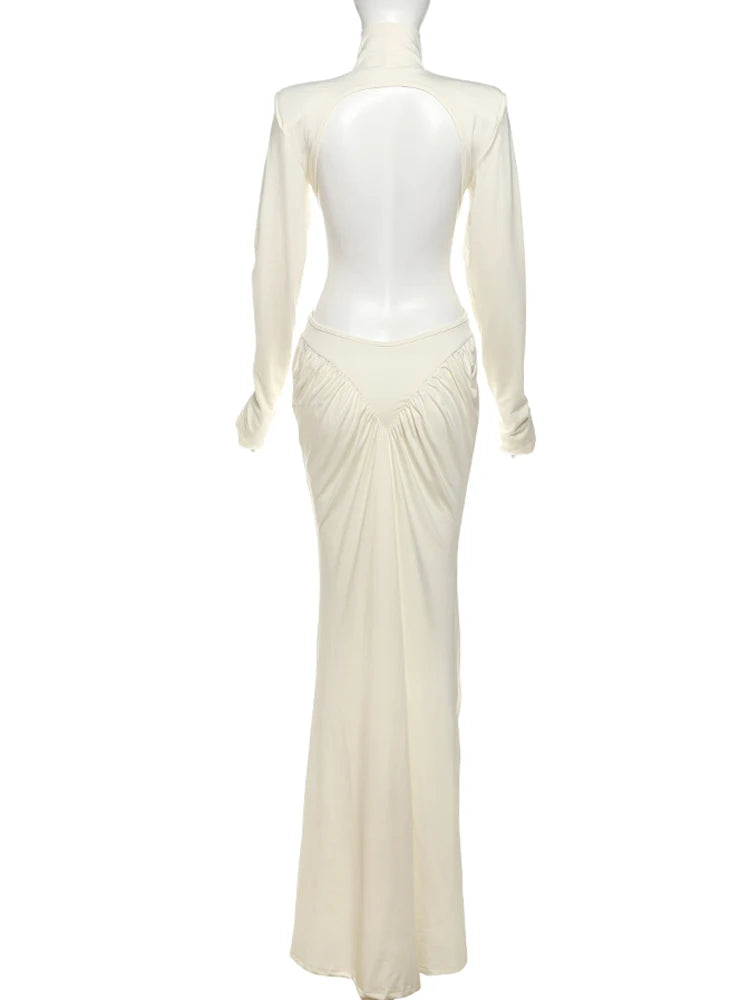 kliou Shirring Sheath Women Maxi Dresses High Street Classic Full Sleeve Straight Shoulder Backless Vestidos Mujer Evening Wear