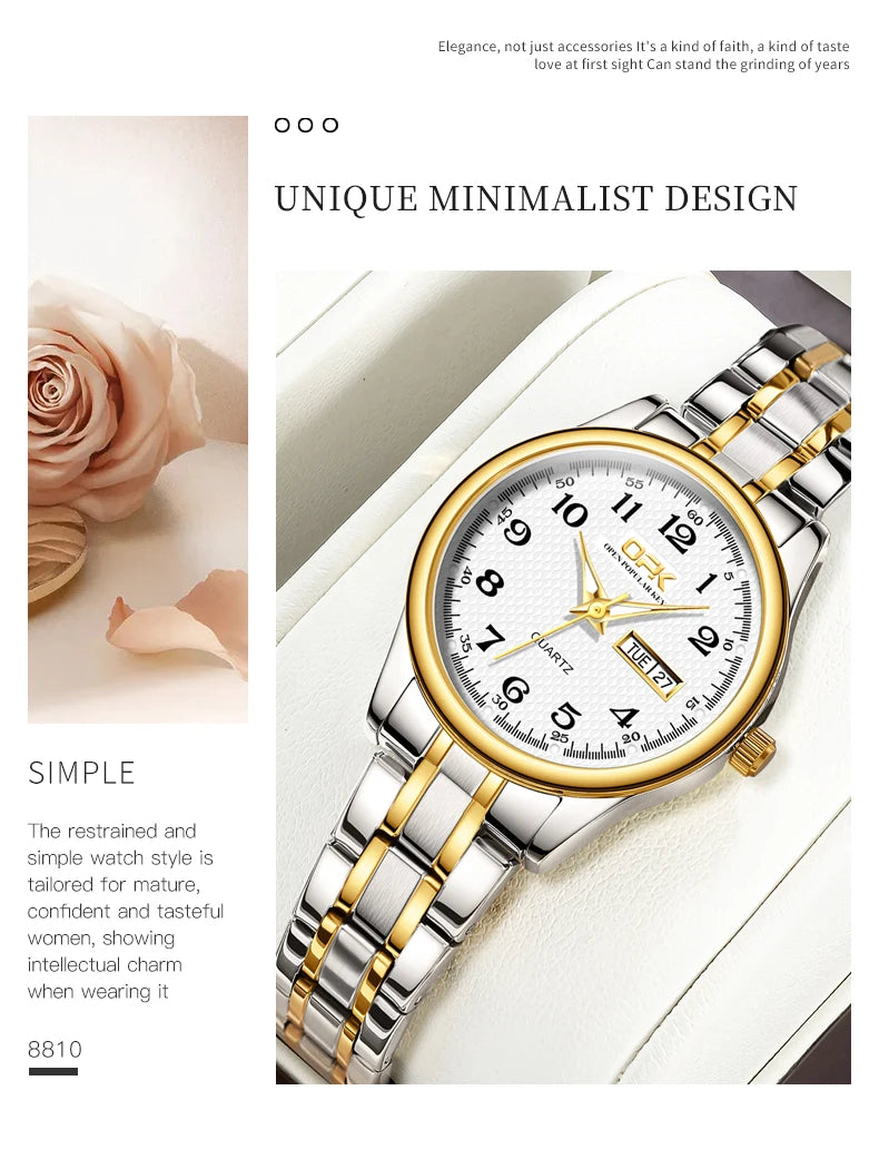 OPK 8110 Ladies Watch Classic Simple Brand Quartz Watch Stainless Steel Strap Watch For Women Waterproof Luminous Day-Date Watch