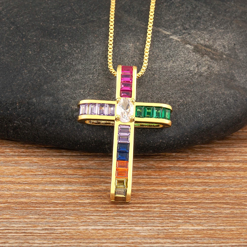 AIBEF Fashion Cross Shape Pendant Colorful Rhinestone Women Necklace Copper Zircon Stereoscopic Jewelry Christianity Unisex Gift