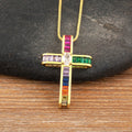 AIBEF Fashion Cross Shape Pendant Colorful Rhinestone Women Necklace Copper Zircon Stereoscopic Jewelry Christianity Unisex Gift