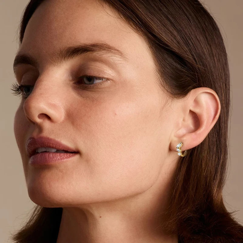 Lnkry 14K Gold Filled Three Stone Huggie Earring Sparkling Marquise/Round/Rectangular Cut Moissanite Hoop Earrings For Women