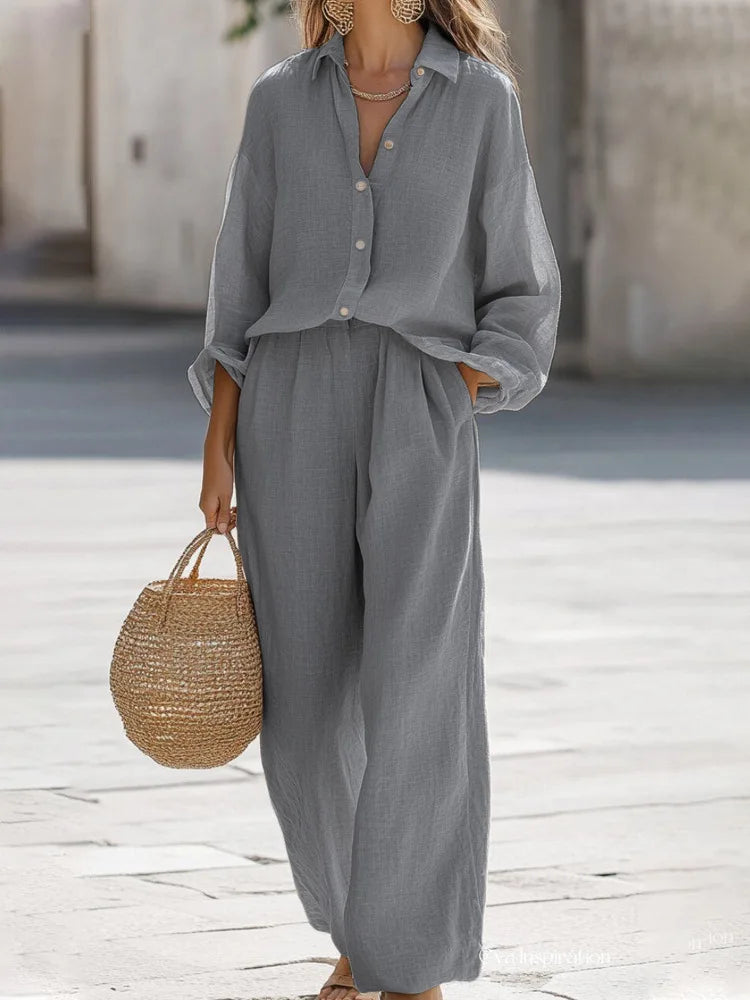 Lady Cotton Linen Shirt Pants Suits Casual Two Piece Set For Women 2025 Autumn Long Sleeve Top And Wide Leg Pants Loose Outfits