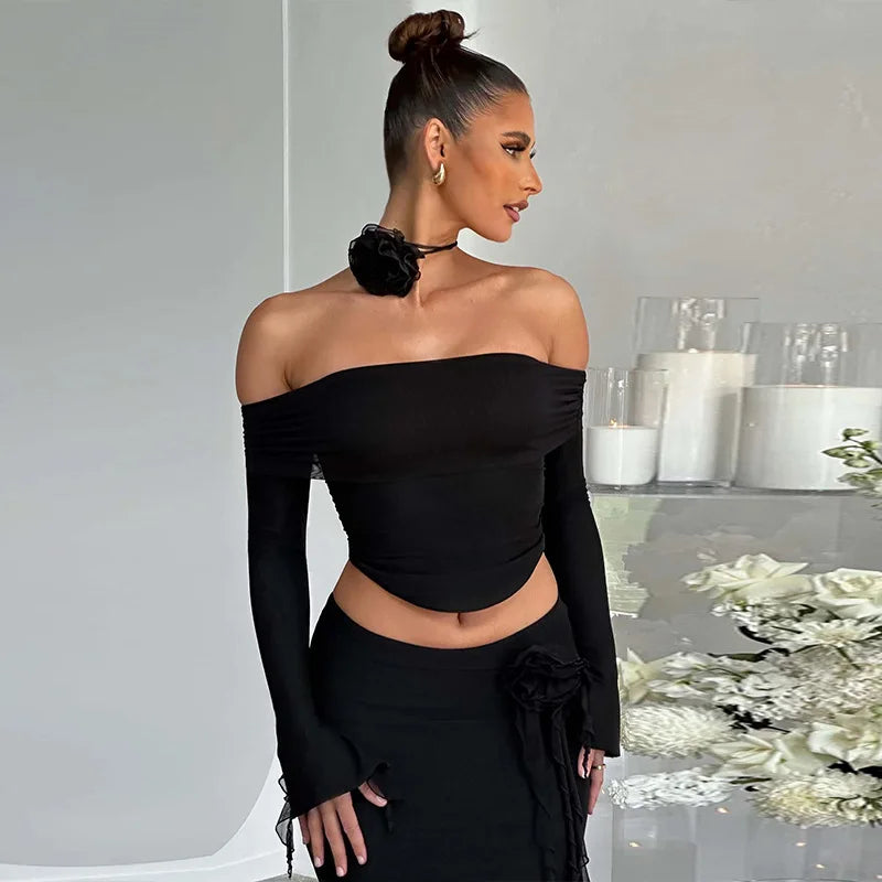 TARUXY Flower Bodycon Skirt Sets Women Slim Sexy Backless Lace Up Tops Women's Party Elegant Dress 2 Piece Womens Suits Outfits