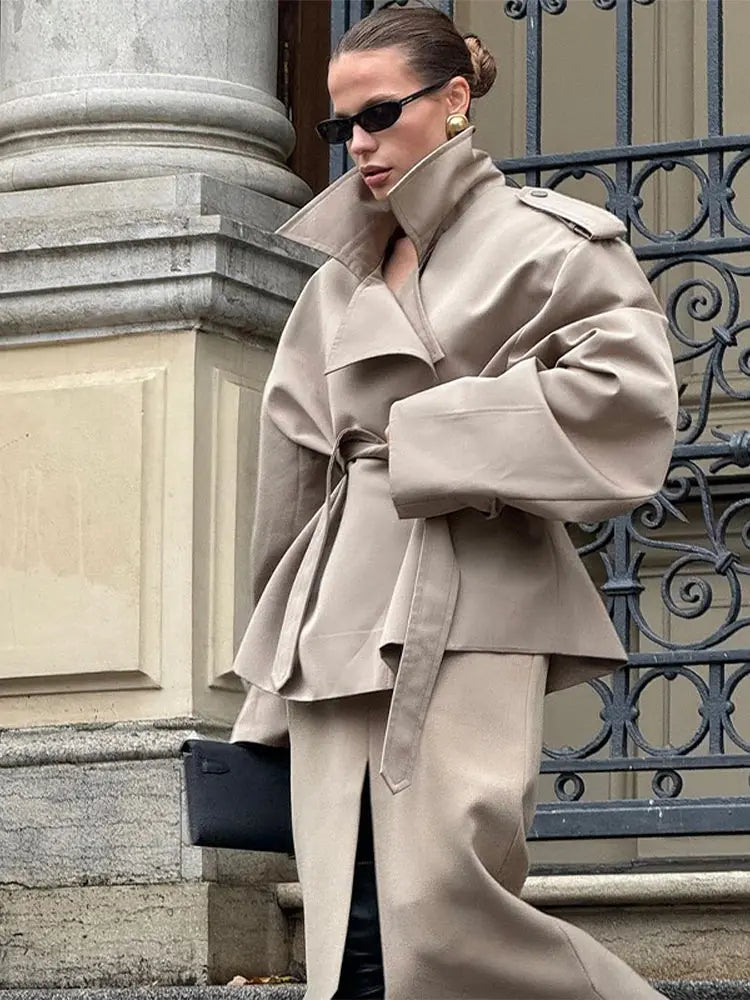 Casual Loose Jackets Women Lapel Long Sleeves Belt Double Breasted Short Windbreaker 2025 Spring Fashion Chic Streetwears Lady