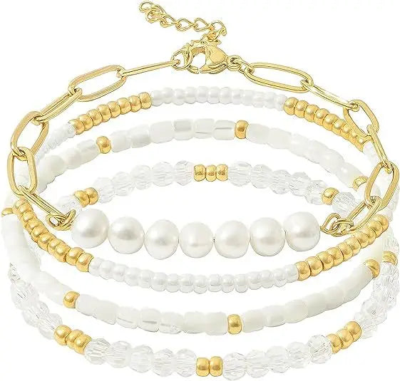Dainty Gold Pearl Crystal Beaded Bracelets Set for Women 14K Real Gold Plated Stackable Paperclip Link Chain Bracelets Jewelry