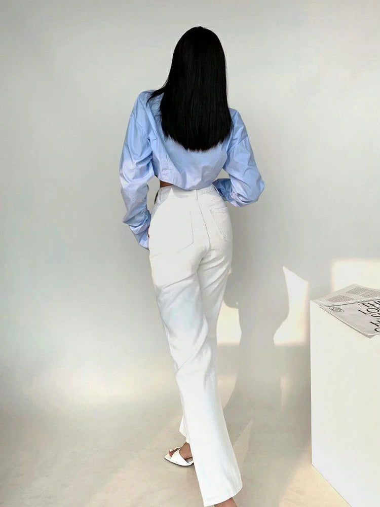 Zadily Summer 2025 Korean Style Long Sleeve White Shirt Sexy Button Detail Crop Top Women's Streetwear Blouse Female Clothing