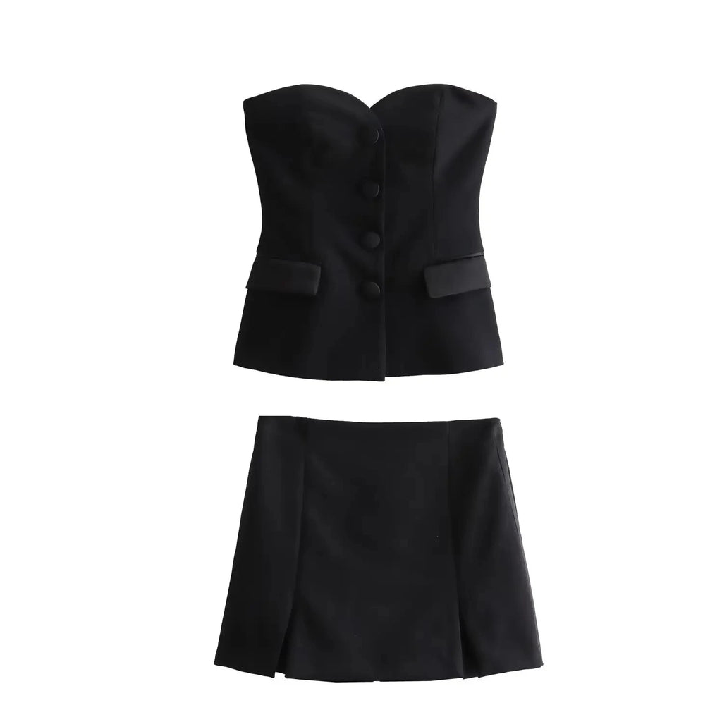 HH Summer Women's Short and Unique Tight Bra 2-piece Set Vintage Elegant Women's High Waist A-line Slim Fit Short Skirt Set