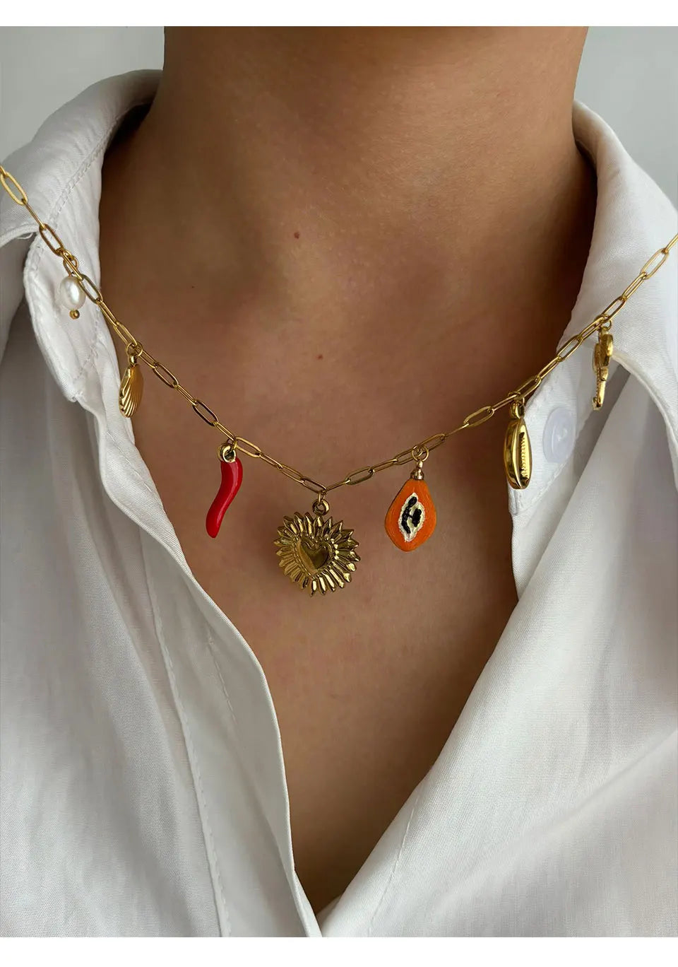 Peri'sbox Boho 18K Gold Plated Freshwater Pearl Red Enamel Pepper Shell Heart Pendant Necklace Women Beach Party Gift Waterproof